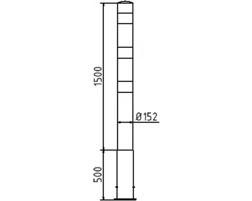 Technische Zeichnung eines Pollers mit den Maßen 1500 Millimeter Höhe und 152 Millimeter Durchmesser.