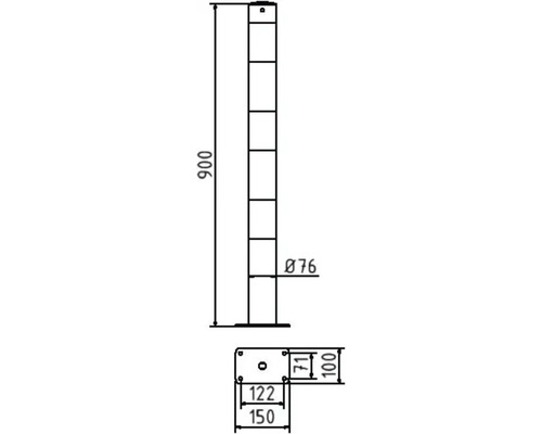 Technische Zeichnung eines Stahlpfostens mit Maßangaben