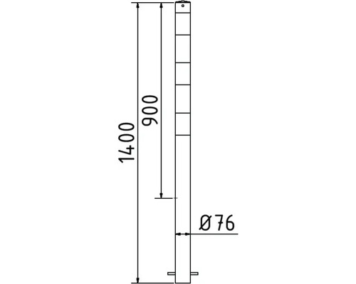 Technische Zeichnung eines Pfostens mit den Maßen 1400 mm Höhe und 76 mm Durchmesser.