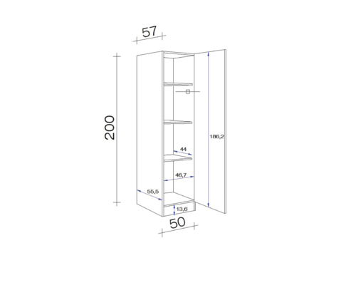 Technische Zeichnung eines Hochschranks mit Maßen