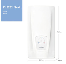 Clage DLX 21 Next Durchlauferhitzer mit den Maßen 46,8 x 23,9 x 9,6 cm.