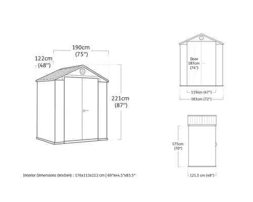Dimensionszeichnung eines Gerätehauses mit Breiten-, Tiefen- und Höhenangaben