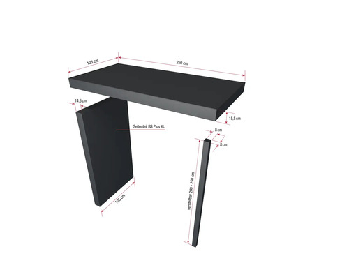 Maße eines Waschtischs mit Platte, Seitenteil und verstellbarem Träger