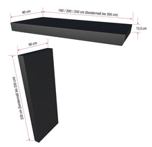 Abbildung eines schwarzen Wandboards mit den Maßen 160/200/250 cm, 90 cm und 15,5 cm sowie einer schwarzen Wandsäule mit den Maßen 90 cm und 220 cm