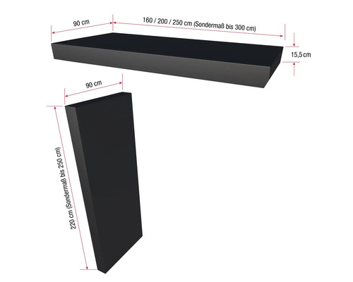 Skizze eines schwarzen Wandregals mit den Maßen 160/200/250 x 90 x 15,5 Zentimeter und einem Regalboden mit den Maßen 220 x 90 Zentimeter