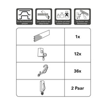 Illustration von Vorhangschienenkomponenten einschliesslich Schiene, Aufhaengern und Haken mit Mengenangabe