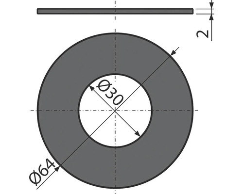 Technische Zeichnung einer Unterlegscheibe mit den Maßen 64 Millimeter Außendurchmesser, 30 Millimeter Innendurchmesser und 2 Millimeter Dicke