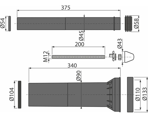 Technische Zeichnung verschiedener Bauteile mit Maßangaben
