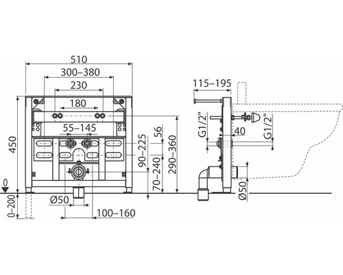 Maßzeichnung eines Vorwandelements für ein WC mit den zugehörigen Maßen