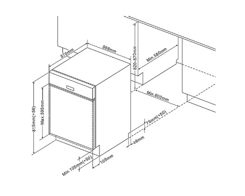 Maßzeichnung eines Geschirrspülers mit den Maßen 570 mm Breite, 598 mm Tiefe und 815 mm Höhe