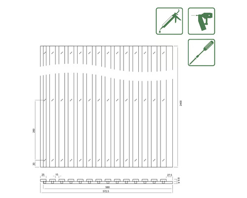 Technische Zeichnung einer Sichtschutzwand mit Maßangaben und Werkzeugsymbolen