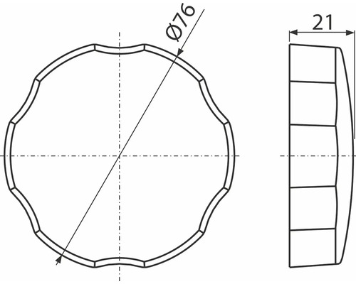 Technische Zeichnung einer Abdeckkappe mit den Maßen 76 Millimeter Durchmesser und 21 Millimeter Breite