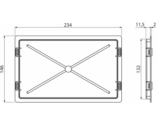 Technische Zeichnung einer Box mit den Maßangaben Länge 234 mm, Breite 146 mm und Höhe 132 mm.