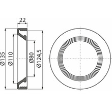 Technische Zeichnung eines runden Bauelements mit Maßangaben