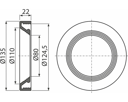 Technische Zeichnung eines runden Bauelements mit Maßangaben