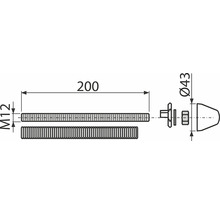 Technische Zeichnung eines Gewindebolzens mit den Maßen M12 und 200 mm Länge, sowie einer Mutter mit einem Durchmesser von 43 mm.