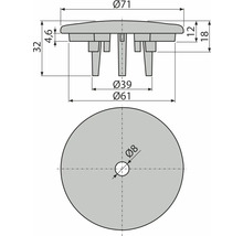 Technische Zeichnung eines Möbelgleiters mit den Maßen Durchmesser 71 mm, Durchmesser 39 mm, Durchmesser 61 mm und Durchmesser 8 mm