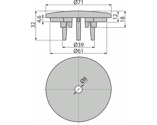 Technische Zeichnung eines Möbelgleiters mit den Maßen Durchmesser 71 mm, Durchmesser 39 mm, Durchmesser 61 mm und Durchmesser 8 mm