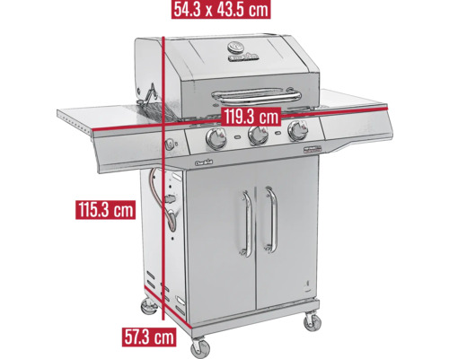 Grill mit den Maßen 54,3 x 43,5 cm, 119,3 cm, 115,3 cm und 57,3 cm.