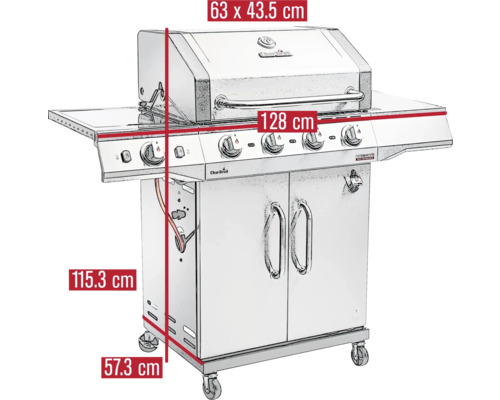 Abmessungen eines Gasgrills mit vier Brennern und Unterschrank