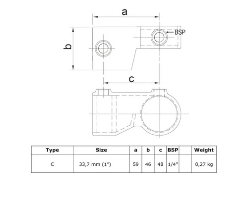 Technische Zeichnung Rohrverbinder Typ C, 33,7 mm (1 Zoll) mit Maßangaben