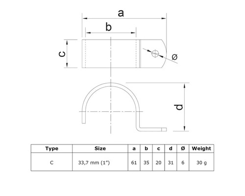 Technische Zeichnung einer Rohrschelle Typ C mit Größenangaben