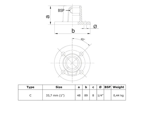 Technische Zeichnung von Typ C, Größe 33,7 mm, 1/4 Zoll BSP, Gewicht 0,44 kg