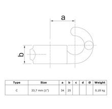 Technische Zeichnung eines Hakens Typ C mit den Maßen 33,7 mm und einem Gewicht von 0,18 kg.