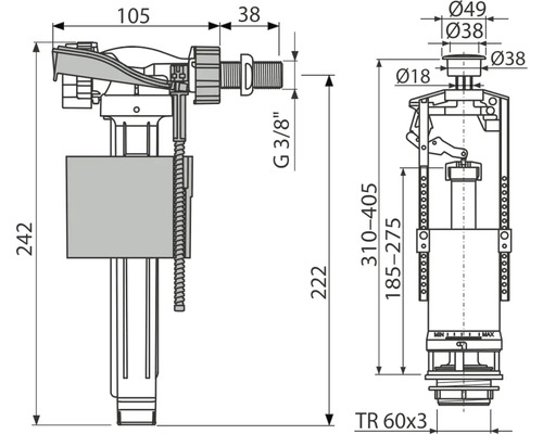 Technische Zeichnung eines WC-Füllventils mit Maßangaben