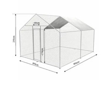 Abbildung eines Hühnerstalls mit den Maßen 250 cm Höhe, 300 cm Breite und 400 cm Länge.