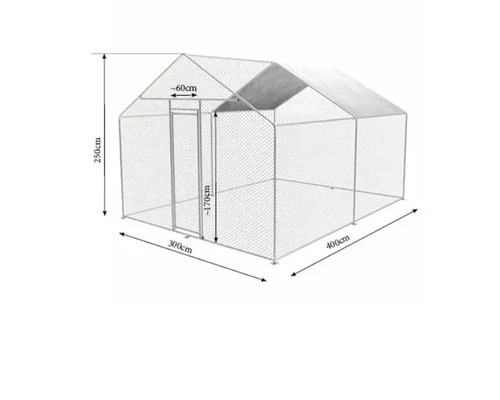 Abbildung eines Hühnerstalls mit den Maßen 250 cm Höhe, 300 cm Breite und 400 cm Länge.