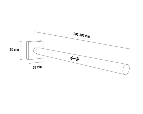 Technische Zeichnung einer ausziehbaren Stange mit den Maßen 305 bis 500 Millimeter und quadratischer Halterung von 50 mal 50 Millimeter