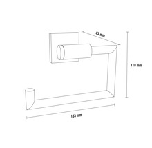 Abbildung eines Toilettenpapierhalters mit den Maßen 63 mm, 110 mm und 153 mm.