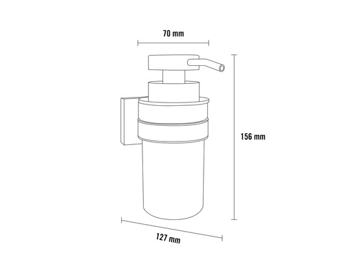 Technische Zeichnung eines Seifenspenders mit Wandhalterung und Maßangaben