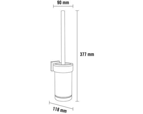 Maße einer Wand WC Bürstengarnitur mit einer Höhe von 377 mm, einer Breite von 118 mm und einer Tiefe von 90 mm.