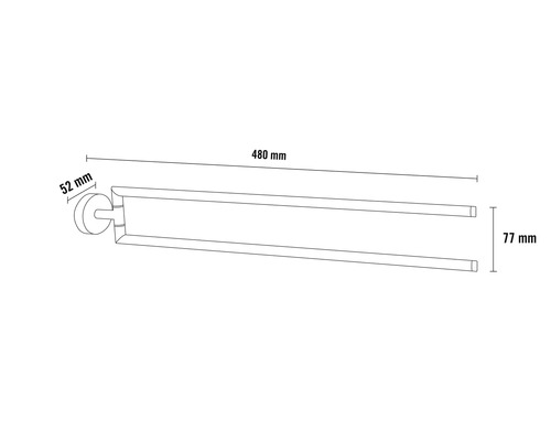 Abbildung eines Handtuchhalters mit Abmessungen von 480 mm Länge, 77 mm Höhe und 52 mm Tiefe.