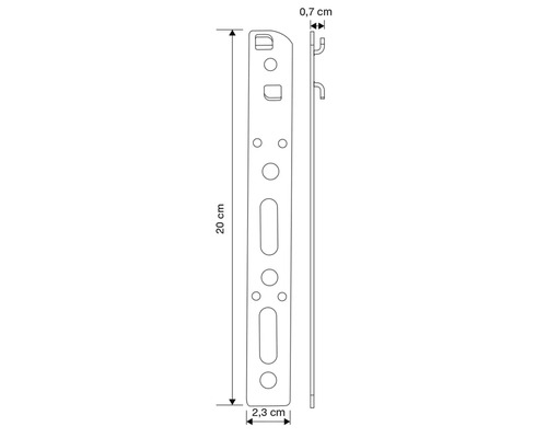 Technische Zeichnung einer Metallschiene mit den Maßen 20 mal 2,3 mal 0,7 Zentimeter