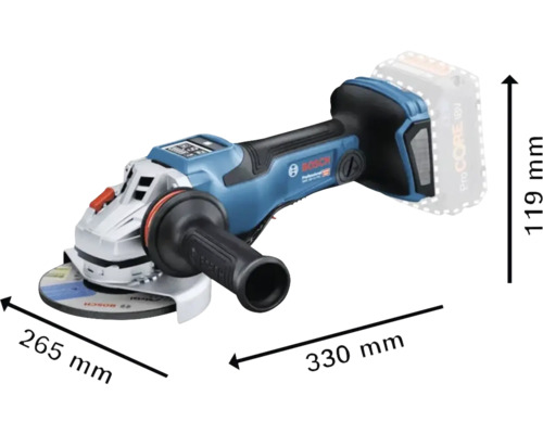 Akku-Winkelschleifer mit den Maßen 265 mm mal 330 mm mal 119 mm