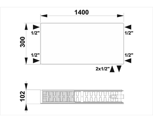 Technische Zeichnung eines Heizkörpers mit Maßangaben in Millimeter und Zoll