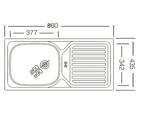 Technische Zeichnung einer Spüle mit Abmessungen