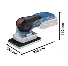 Bosch Professional Akku-Schwingschleifer mit den Maßen 226 mm Länge, 131 mm Breite und 110 mm Höhe