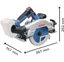 Bosch Akku-Handkreissäge mit den Maßen 381 mm x 167 mm x 263 mm