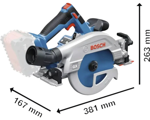 Bosch Akku-Handkreissäge mit den Maßen 381 mm x 167 mm x 263 mm
