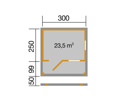 Grundrisszeichnung eines Gartenhauses mit den Maßen 300 mal 250 Zentimeter und einem Volumen von 23,5 Kubikmetern.