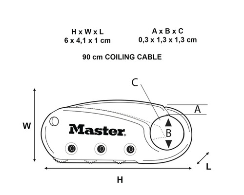 Master Logo mit Maßangaben für ein 90 Zentimeter Spiralkabelschloss