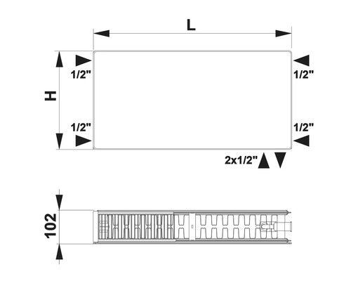Planheizkörper Rotheigner Typ DK 300x2600 mm 6-fach ohne Befestigungslaschen Technische Zeichnung eines Heizkörpers mit Maßangaben