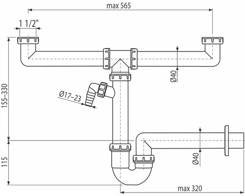 Technische Zeichnung eines Siphons mit Maßangaben