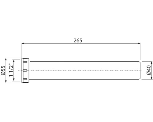 Technische Zeichnung eines Rohres mit den Maßen 265 mm Länge, 55 mm und 40 mm Durchmesser.
