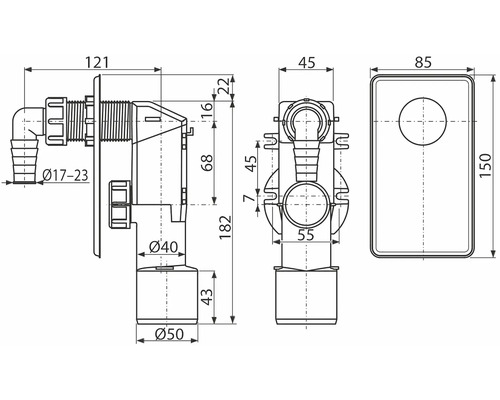 Technische Zeichnung einer Sanitärinstallation mit Maßangaben