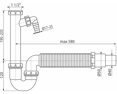 Technische Zeichnung eines Siphons mit Maßangaben